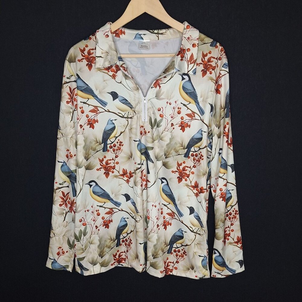 💙 Bird Print Lightweight Quarter Zip Sweater Size XL Comfy Cozy Relaxed Fit Lou